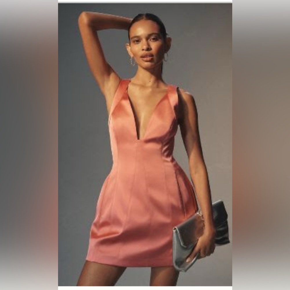 By Anthropology Sleeveless plunge satin mini dress size 8 in pink . NWT